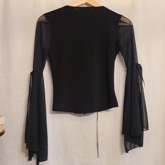 Vintage Whimsigoth Wide-Sleeve Mesh Lace Up Top - Picture 3 of 7